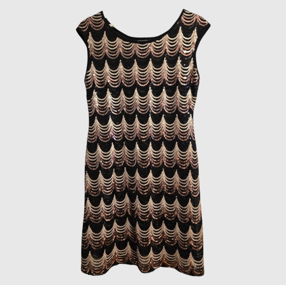 Connected Apparel Sheath Mini Dress Sz 10P Black Multi Sequins Sleeveless Boho